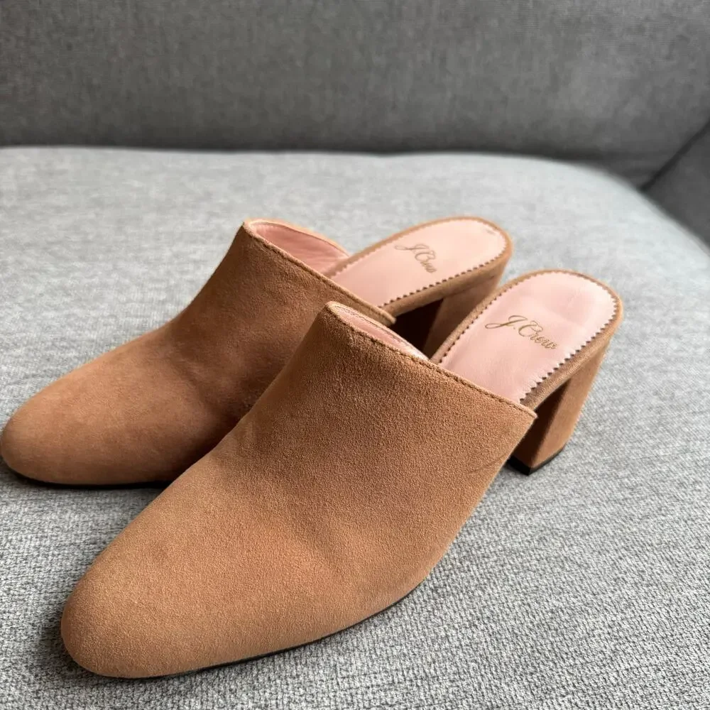 J Crew Ashen Brown Suede High Block-Heel Mules Clogs Shoes Women's Sz 6